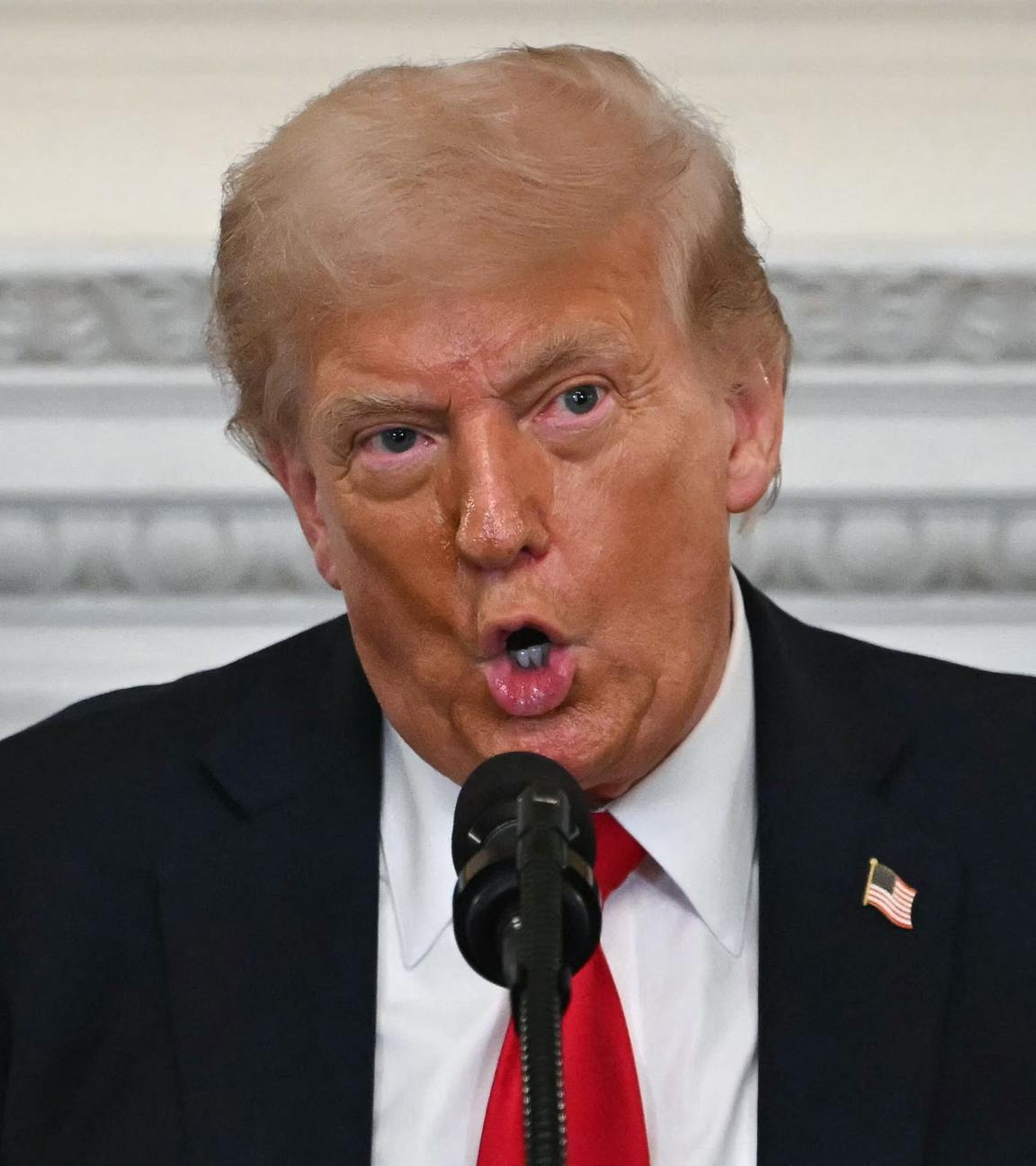USA, Washington D.C.: US-Präsident Trump spricht im Weißen Haus in ein Mikrofon.