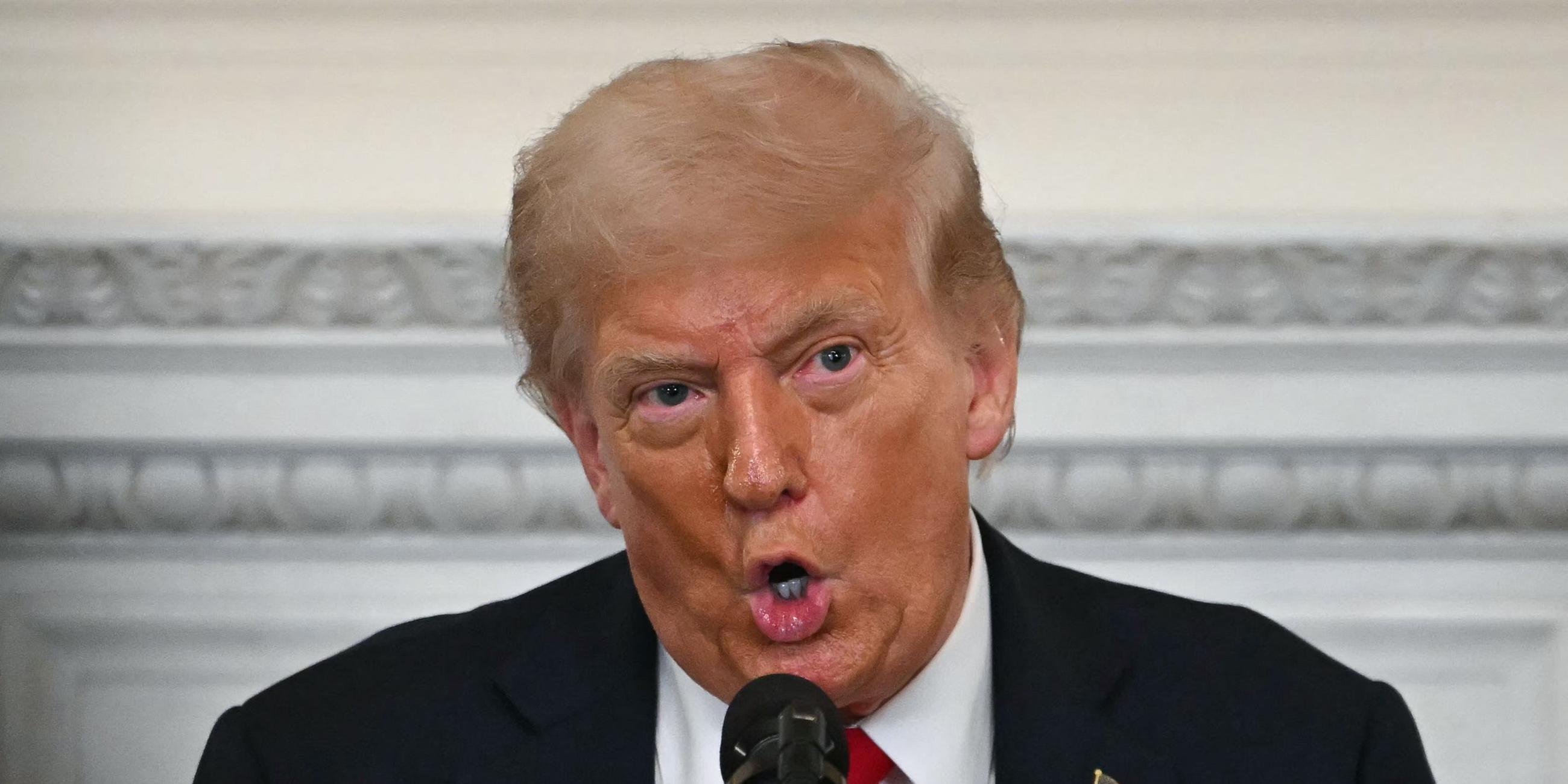 USA, Washington D.C.: US-Präsident Trump spricht im Weißen Haus in ein Mikrofon.