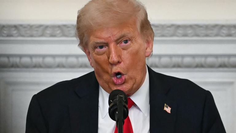 USA, Washington D.C.: US-Präsident Trump spricht im Weißen Haus in ein Mikrofon.