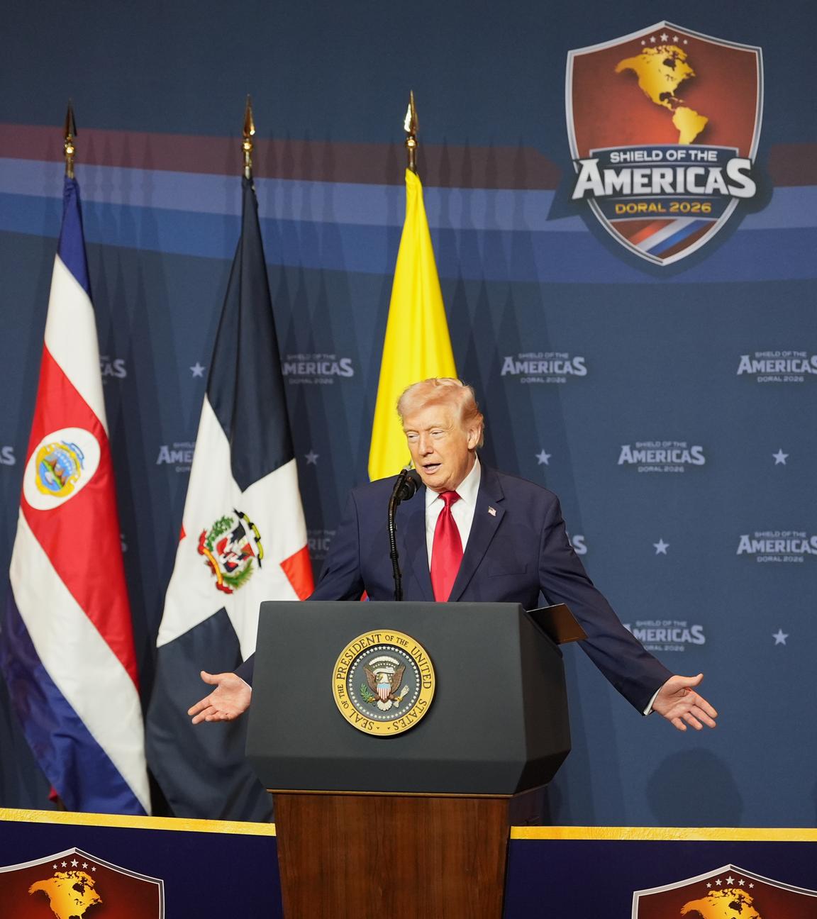 US-Präsident Donald Trump spricht am Samstag, den 7. März 2026, auf dem Gipfeltreffen "Shield of the Americas" im Trump National Doral Miami in Doral, Florida. 