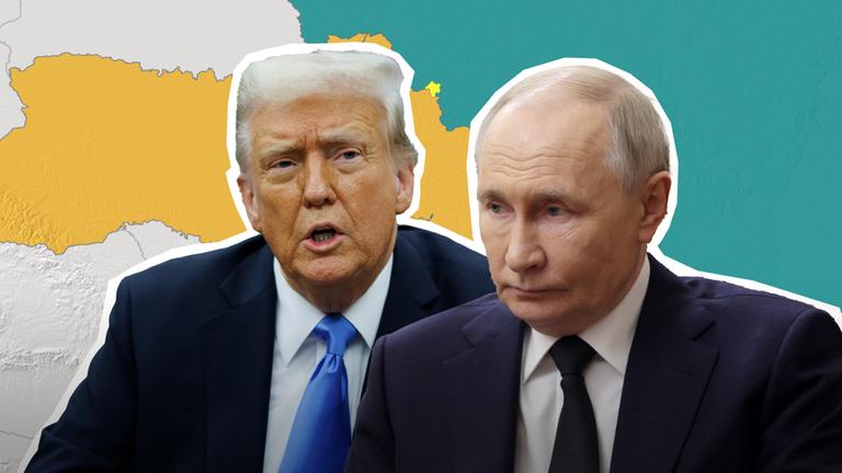 Donald Trump und Wladimir Putin vor einer Landkarte der Ukraine