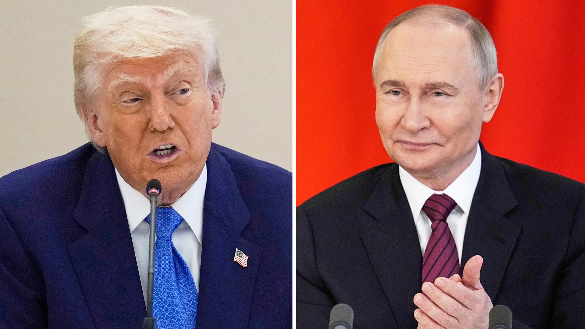 US-Präsident Donald Trump am 16.05.2025 in Abu Dhabi, VAE, links, und Russlands Präsident Wladimir Putin am 10.05.2025 bei einer Unterzeichnung im Kreml in Moskau, rechts.