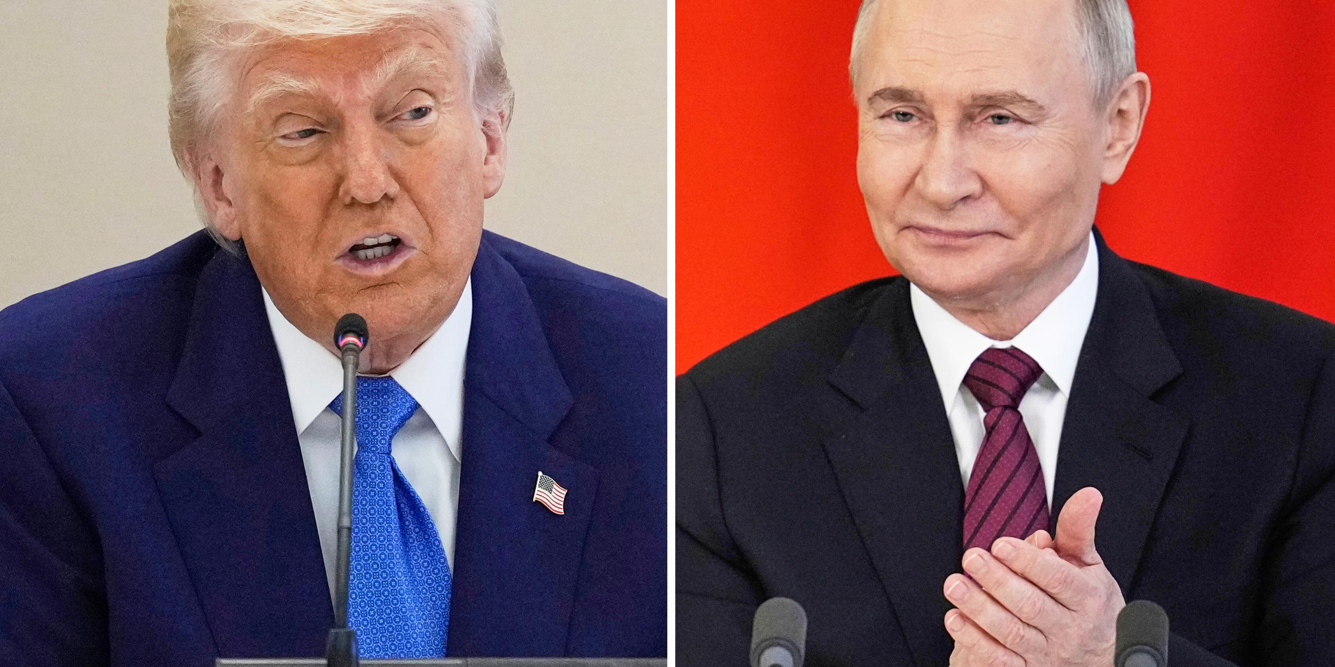 US-Präsident Donald Trump am 16.05.2025 in Abu Dhabi, VAE, links, und Russlands Präsident Wladimir Putin am 10.05.2025 bei einer Unterzeichnung im Kreml in Moskau, rechts.