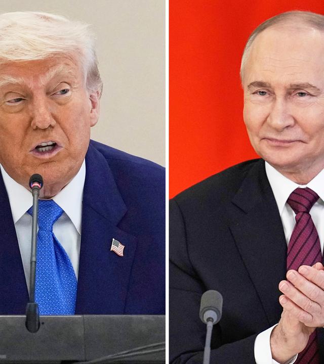 US-Präsident Donald Trump am 16.05.2025 in Abu Dhabi, VAE, links, und Russlands Präsident Wladimir Putin am 10.05.2025 bei einer Unterzeichnung im Kreml in Moskau, rechts.