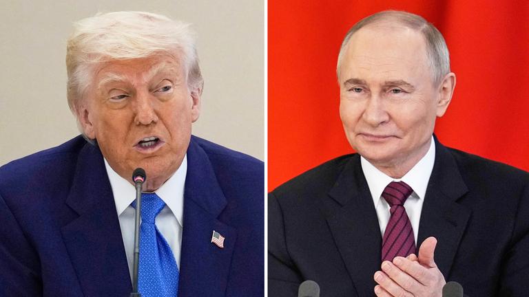 US-Präsident Donald Trump am 16.05.2025 in Abu Dhabi, VAE, links, und Russlands Präsident Wladimir Putin am 10.05.2025 bei einer Unterzeichnung im Kreml in Moskau, rechts.