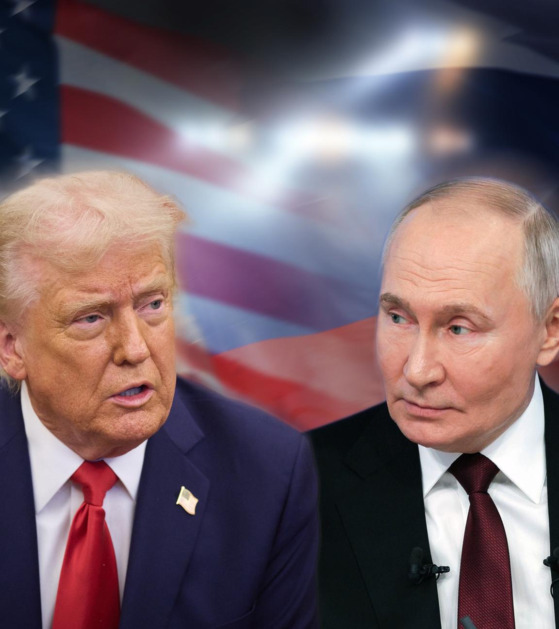Fotomontage: Donald Trump und Wladimir Putin, im Hintergrund die US-Flagge und die russische Flagge.