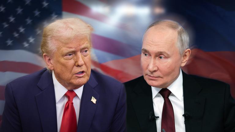 Fotomontage: Donald Trump und Wladimir Putin, im Hintergrund die US-Flagge und die russische Flagge.