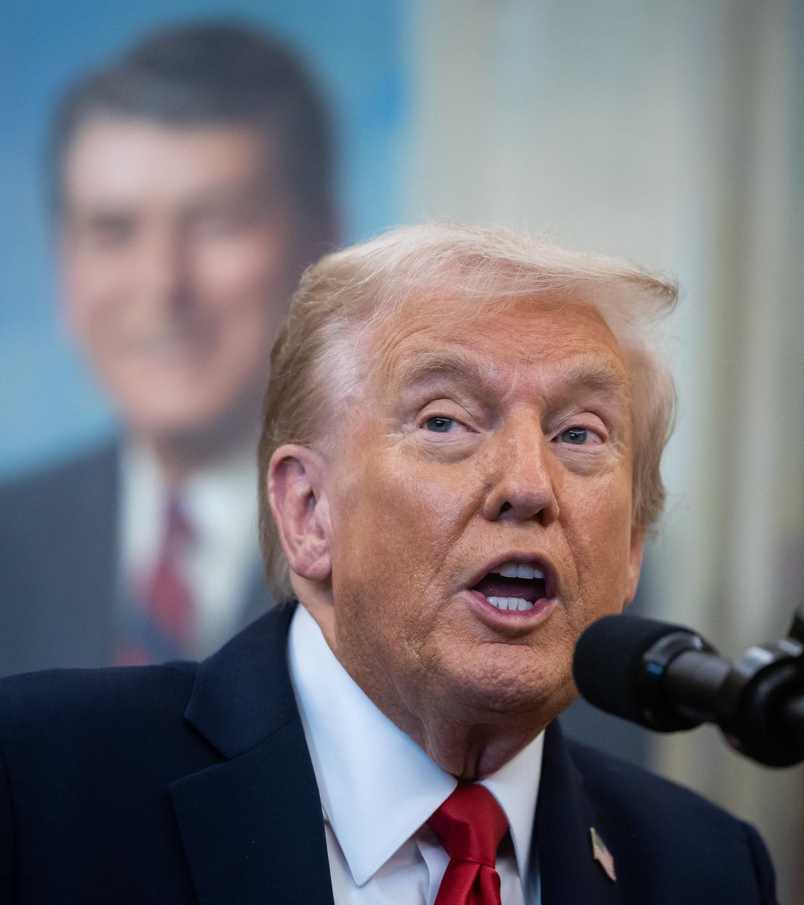 Trump spricht in ein Mikrofon.