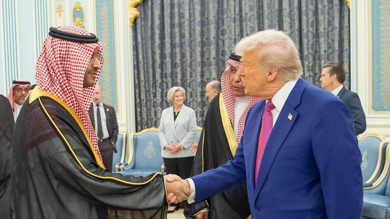 Saudi Crown Prince Mohammed bin Salman receive U.S. President Donald Trump at the Royal Court at Al-Yamamah Palace in Riyadh, Saudi Arabia, on May 13, 2025.