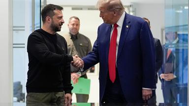 USA, New York: Der designierte US-Präsident Donald Trump (r), gibt dem ukrainischen Präsidenten Wolodymyr Selenskyj bei einem Treffen die Hand. Archivbild