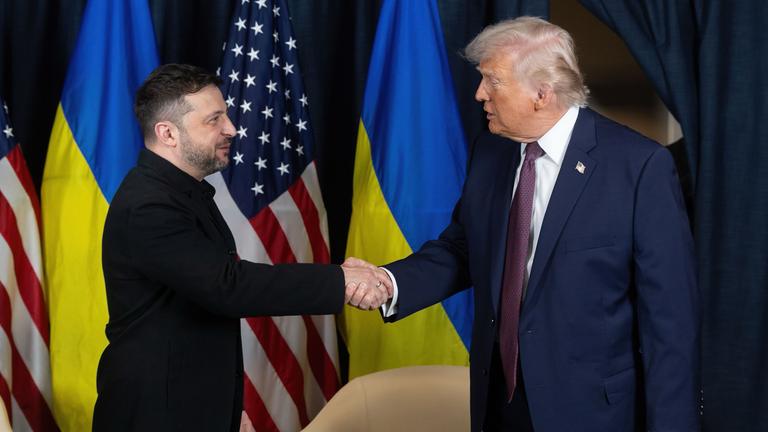US-Präsident Donald Trump (r) schüttelt dem ukrainischen Präsidenten Wolodymyr Selenskyj vor Beginn eines bilateralen Treffens am Rande des jährlichen Weltwirtschaftsforums (WEF), die Hand. 