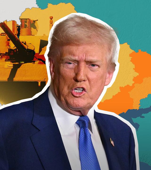 Donald Trump vor einer Karte der Ukraine und einem Panzer