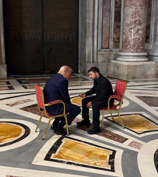 Ukrainian President Volodymyr Zelenskyy meets with U.S. President Donald Trump during a quiet moment at the funeral of Pope Francis at the Vatican on Saturday