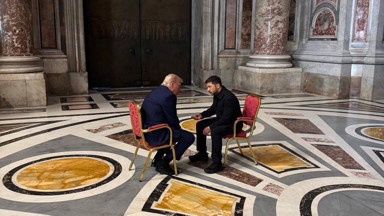 Ukrainian President Volodymyr Zelenskyy meets with U.S. President Donald Trump during a quiet moment at the funeral of Pope Francis at the Vatican on Saturday