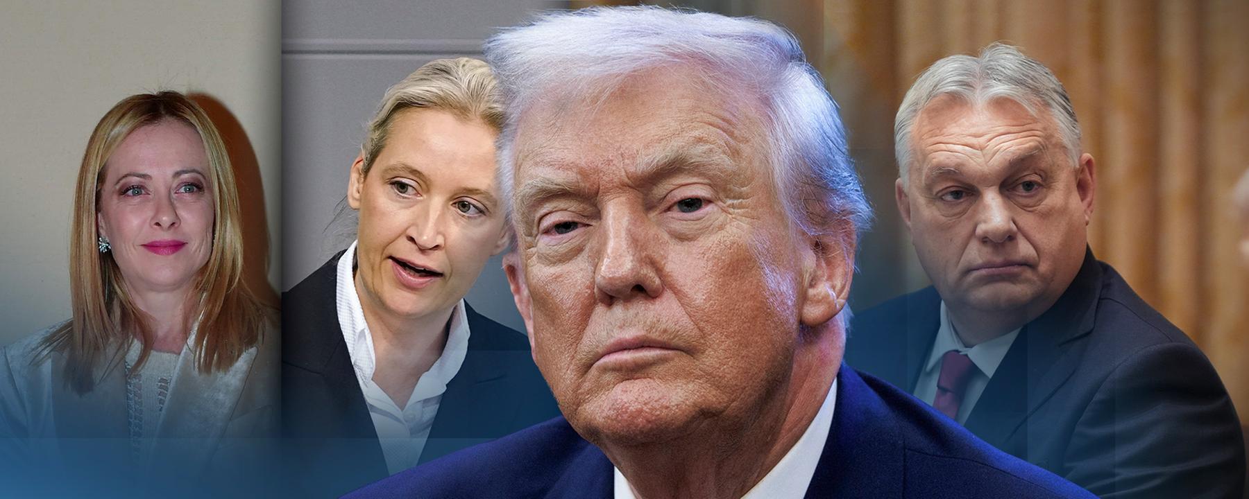 von links nach rechts: Italienische Ministerpräsidentin Meloni, AfD-Chefin Weidel, der US-amerikanische Präsident Trump und der ungarischer Ministerpräsident Orbán.