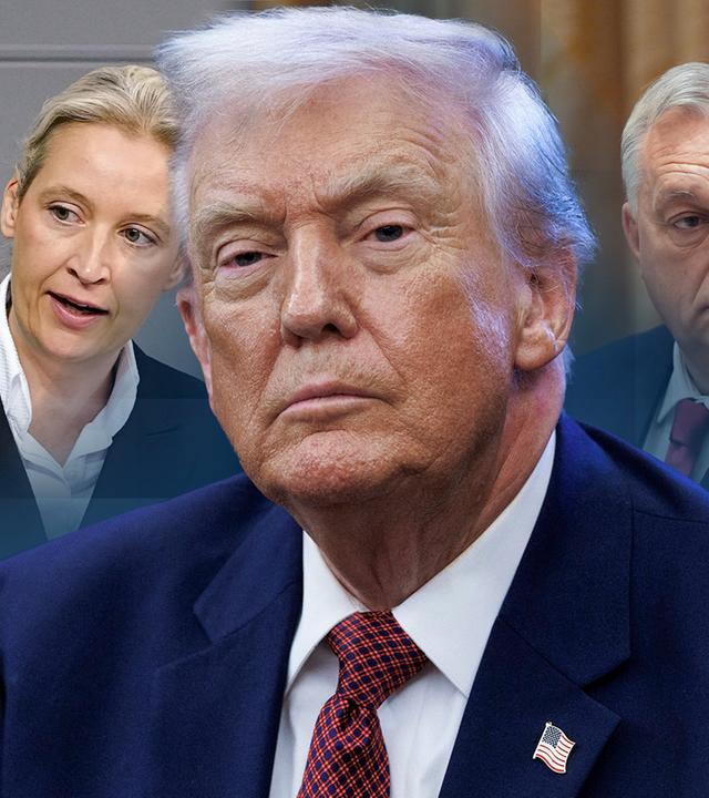 von links nach rechts: Italienische Ministerpräsidentin Meloni, AfD-Chefin Weidel, der US-amerikanische Präsident Trump und der ungarischer Ministerpräsident Orbán.