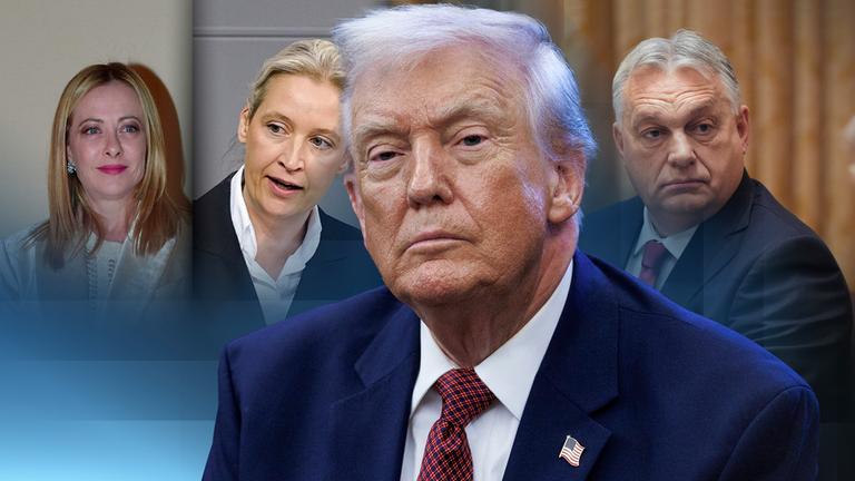 von links nach rechts: Italienische Ministerpräsidentin Meloni, AfD-Chefin Weidel, der US-amerikanische Präsident Trump und der ungarischer Ministerpräsident Orbán.