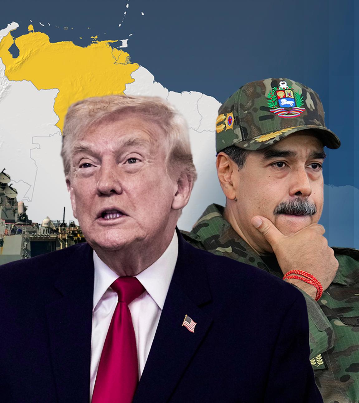 US-Präsident Trump und Nicolás Maduro vor einem US-amerikanischen Kriegsschiff und einer Karte Venezuelas.