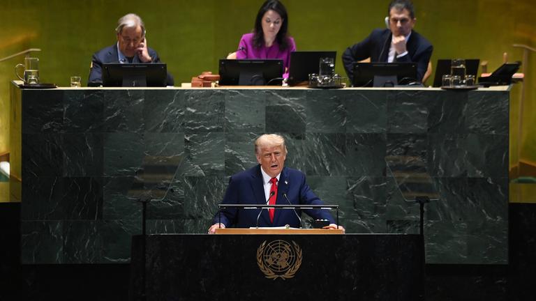 U.S. President Donald Trump delivers a speech during the General Debate of the 80th session of the United Nations General Assembly (UNGA) at the UN headquarters in New York