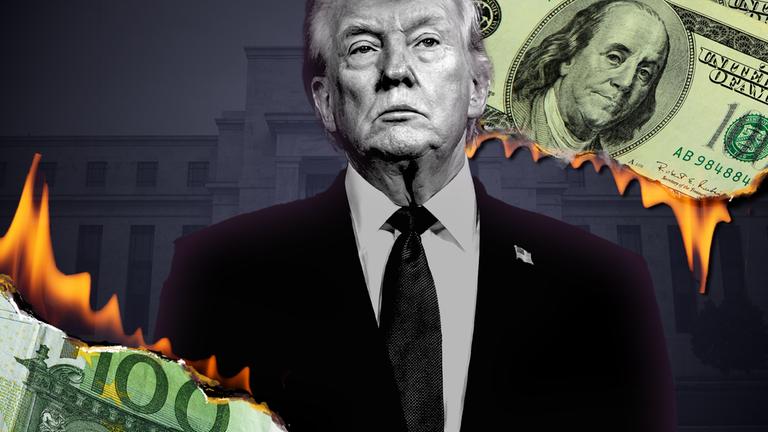 Trump vor dunklem Hintergrund mit brennenden Geldscheinen um ihn herum