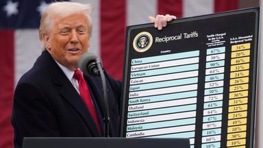 Trump mit Tafel, auf der Zollhöhen stehen