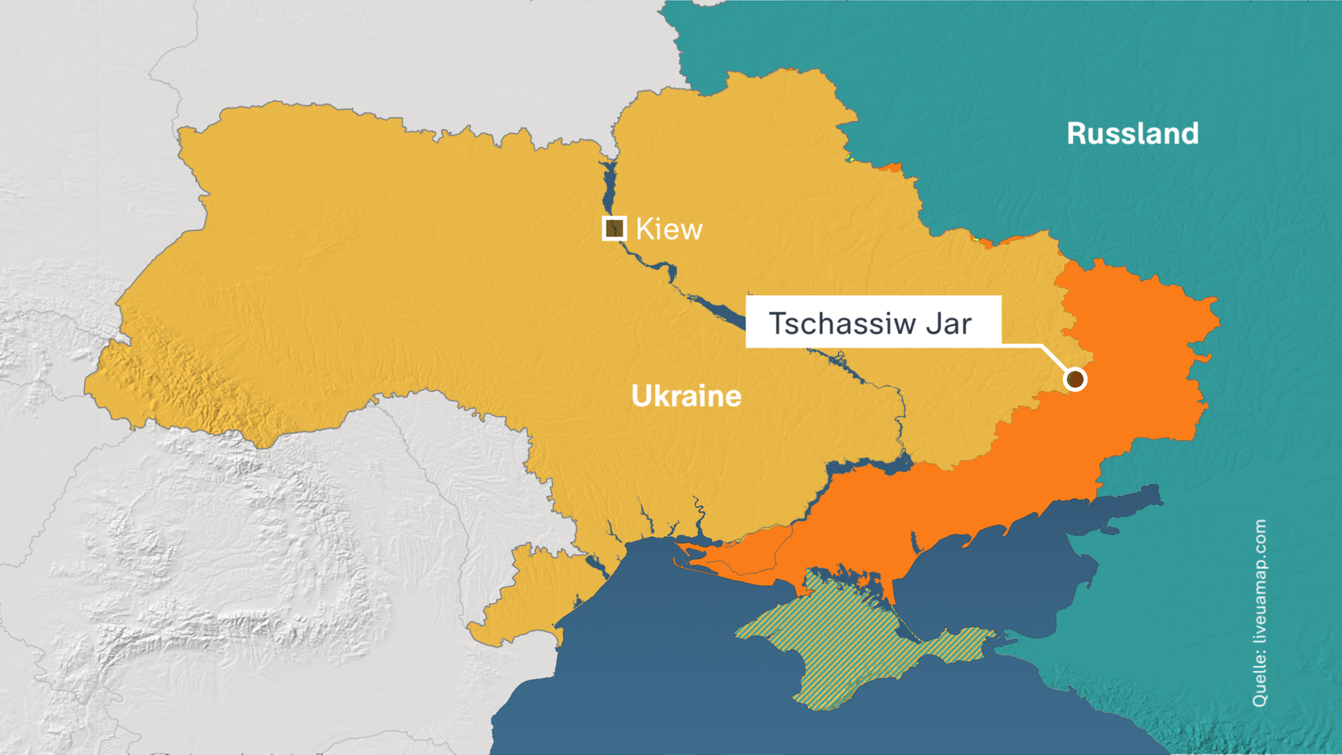 Die Karte zeigt die Lage der Stadt Tschassiw Jar im Osten der Ukraine und an der Grenze zu Russland.