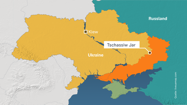 Die Karte zeigt die Lage der Stadt Tschassiw Jar im Osten der Ukraine und an der Grenze zu Russland.