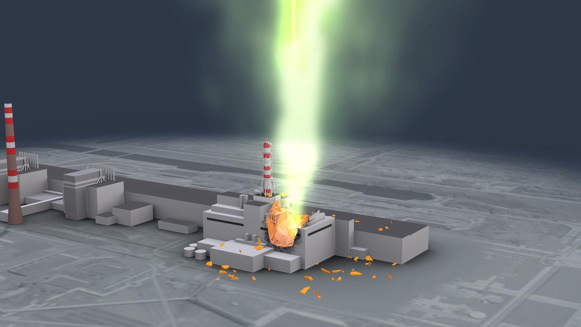 Das Bild zeigt eine 3D-Animation zur AKW-Katastrophe von Tschernobyl 1986.