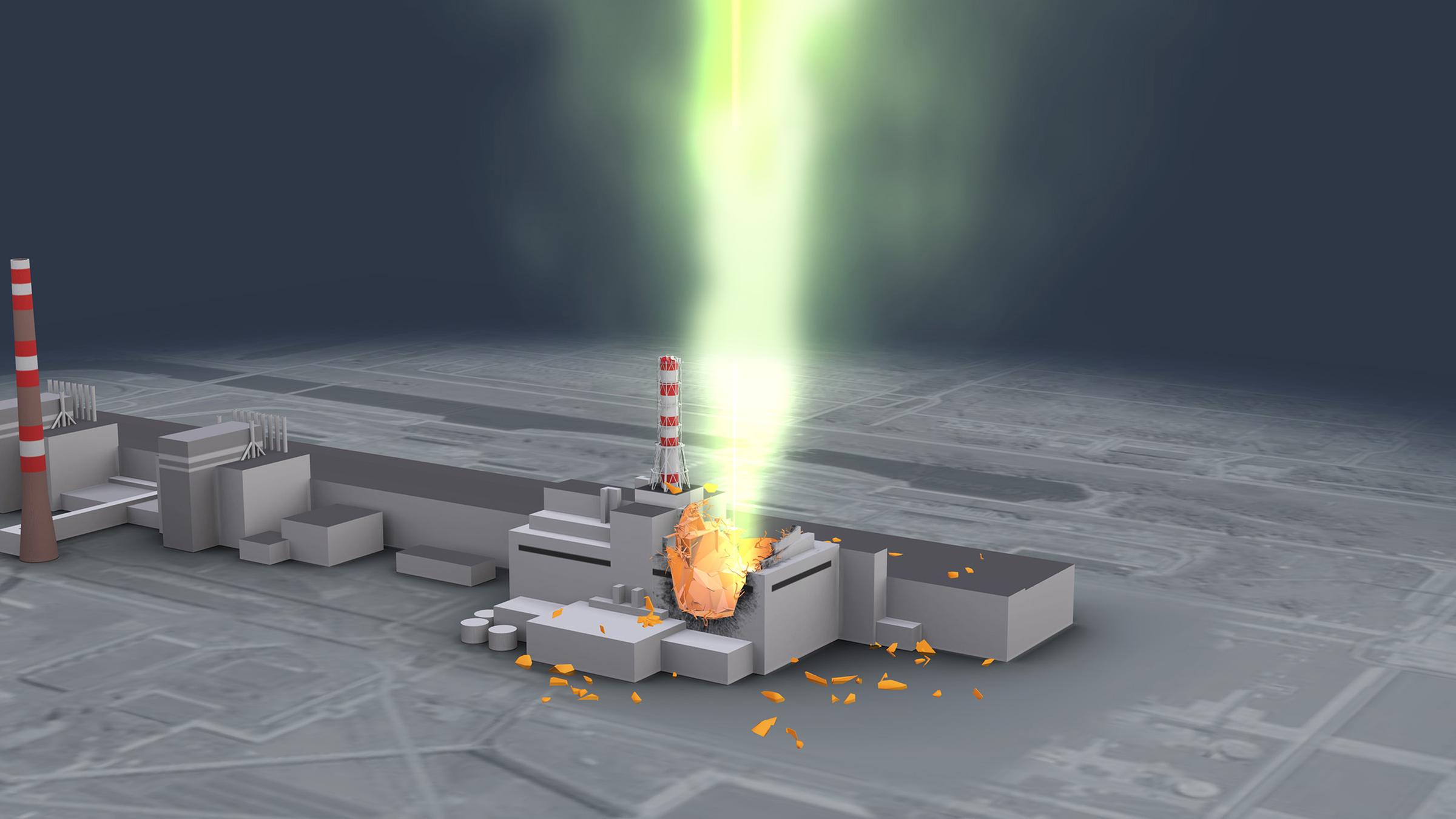 Das Bild zeigt eine 3D-Animation zur AKW-Katastrophe von Tschernobyl 1986.