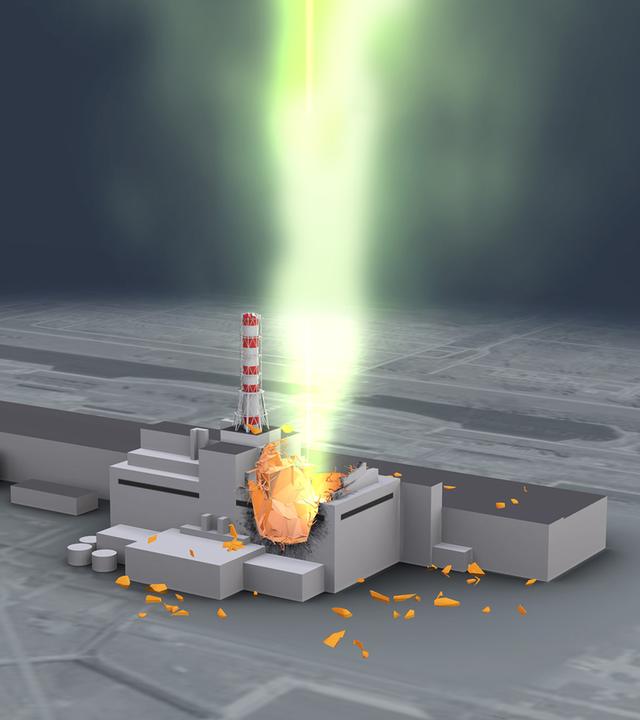 Das Bild zeigt eine 3D-Animation zur AKW-Katastrophe von Tschernobyl 1986.