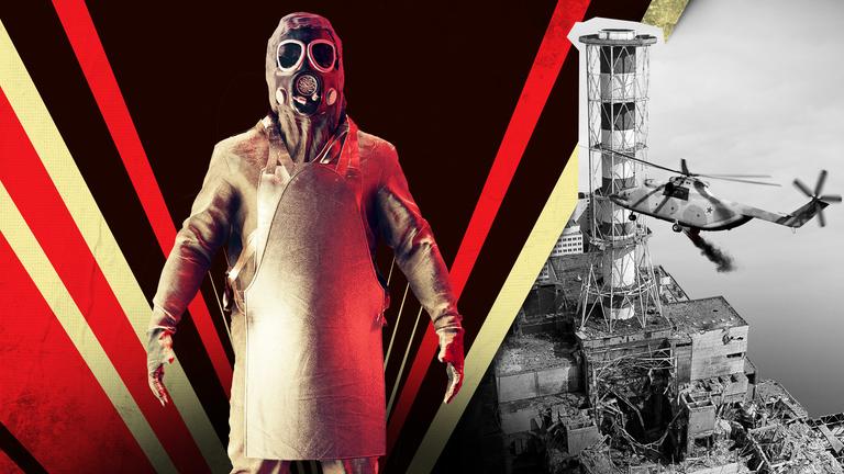 Grafik: Linke Seite: 3D-Animation eines Liquidators mit Schutzkleidung, Rechts: Luftaufnahme des zerstörten Reaktorblock 4 mit sowjetischem Hubschrauber.