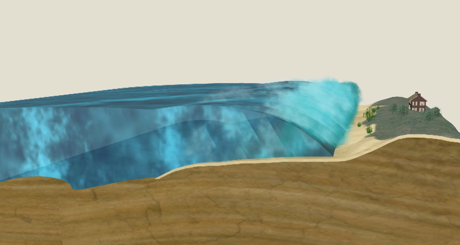Grafische Darstellung eines Tsunamis, der auf Land trifft