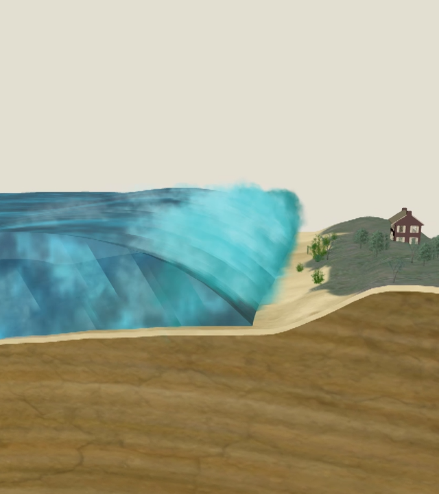 Grafische Darstellung eines Tsunamis, der auf Land trifft