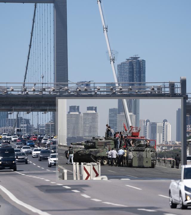 Ein Collagenbild zeigt Fotos, die während des gescheiterten Putschversuchs in Istanbul vom 15. Juli 2016 aufgenommen wurden, gegenübergestellt mit Bildern, die an genau denselben Orten aufgenommen wurden