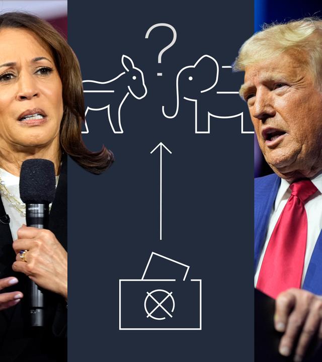 Das Bild zeigt Harris und Trump und in der Mitte Pictogramme, die zeigen sollen. Wer gewinnt die Wahl: Republikaner oder Demokraten? 