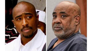 Gegenüberstellung zweier Porträtaufnahmen: Links der Rapper Tupac Shakur in heller Kleidung, rechts Duane „Keffe D“ Davis in dunkler Kleidung vor Gericht.