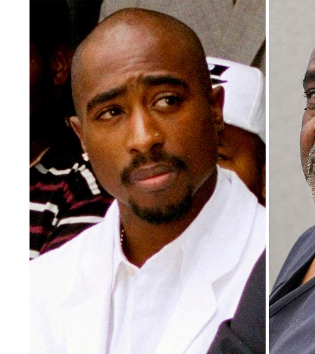Gegenüberstellung zweier Porträtaufnahmen: Links der Rapper Tupac Shakur in heller Kleidung, rechts Duane „Keffe D“ Davis in dunkler Kleidung vor Gericht.