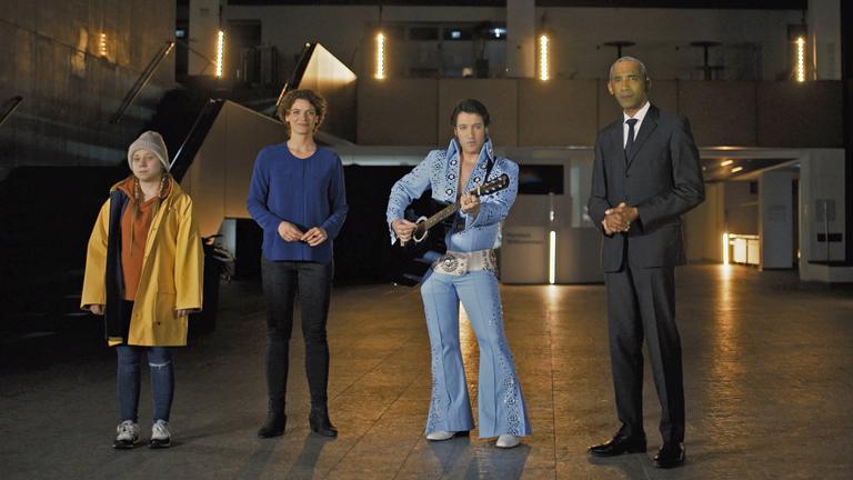 Das Bild ist eine Animation. Zu sehen sind: Greta Thunberg, Lena Ganschow, Elvis Presley und Barack Obama.