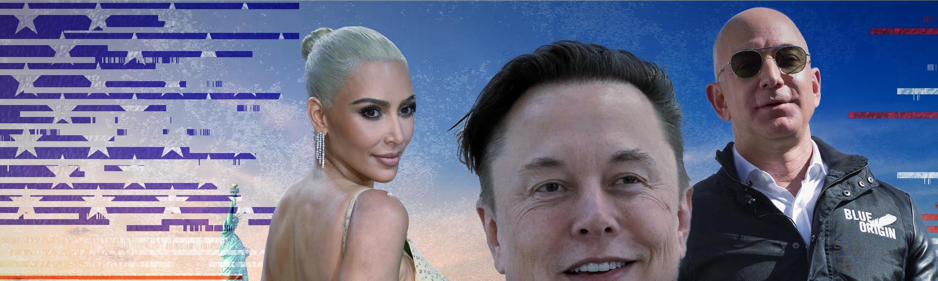 Montage: Porträts von Elon Musk, Jeff Bezos und Kim Kardashian, im Hintergrund die Skyline von New York mit der Freiheitsstatue, links eine in Streifen angedeutete amerikanische Flagge. 