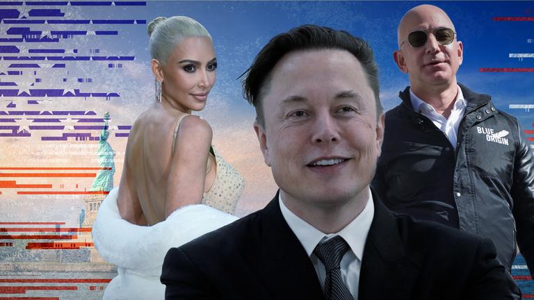 Montage: Porträts von Elon Musk, Jeff Bezos und Kim Kardashian, im Hintergrund die Skyline von New York mit der Freiheitsstatue, links eine in Streifen angedeutete amerikanische Flagge. 
