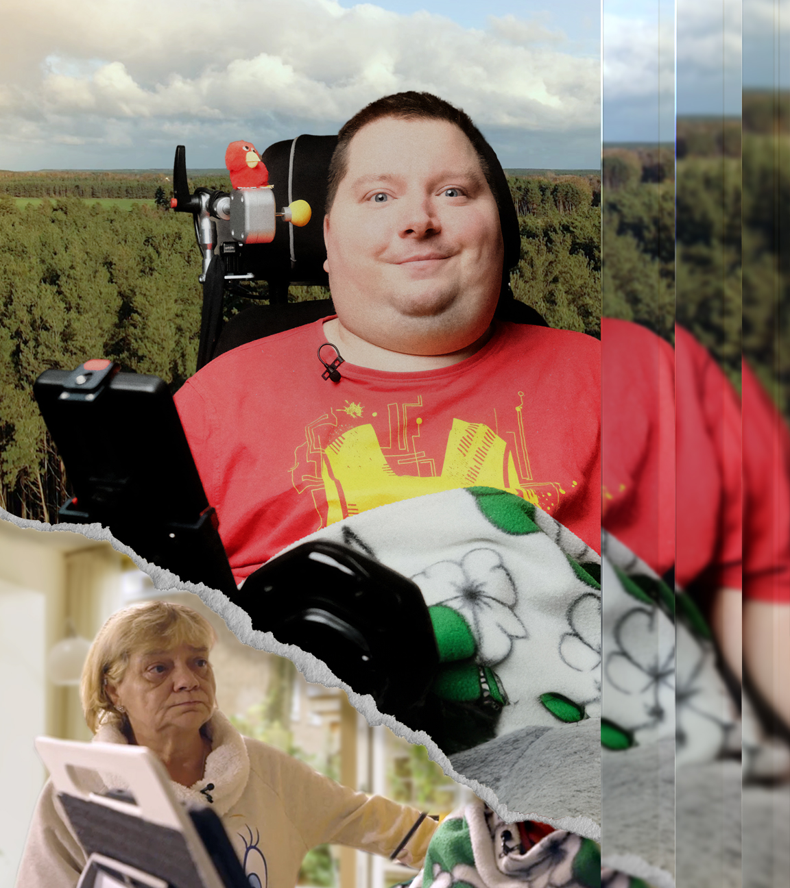 Ein querschnittsgelähmter junger Mann vor einer Collage mit Wald und einer Frau, seiner Mutter, links unten.