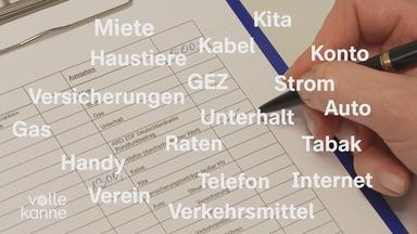 Im Hintergrund schreibt jemand etwas auf, vorne sind Wörter eingeblendet wie Miete, KITA, Strom, Auto, Handy etc.