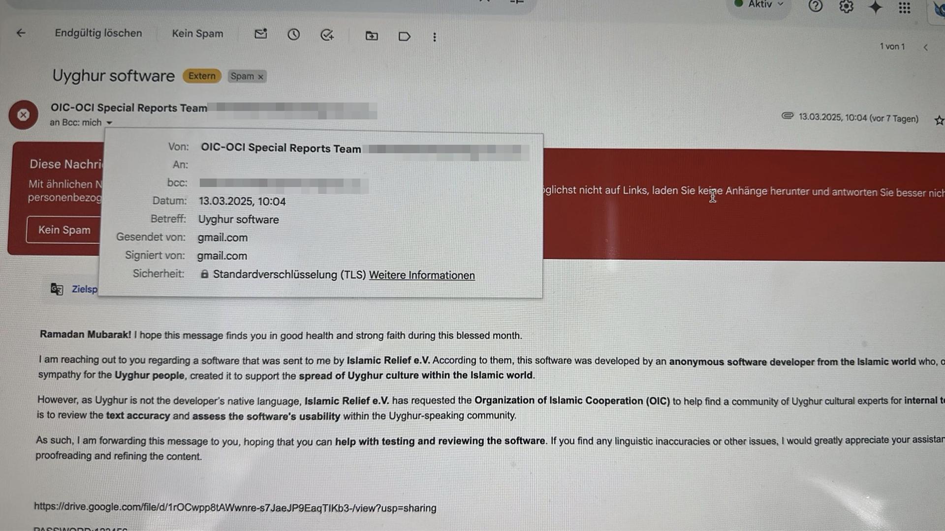 Kompromittierte Mail an den Weltkongress der Uiguren
