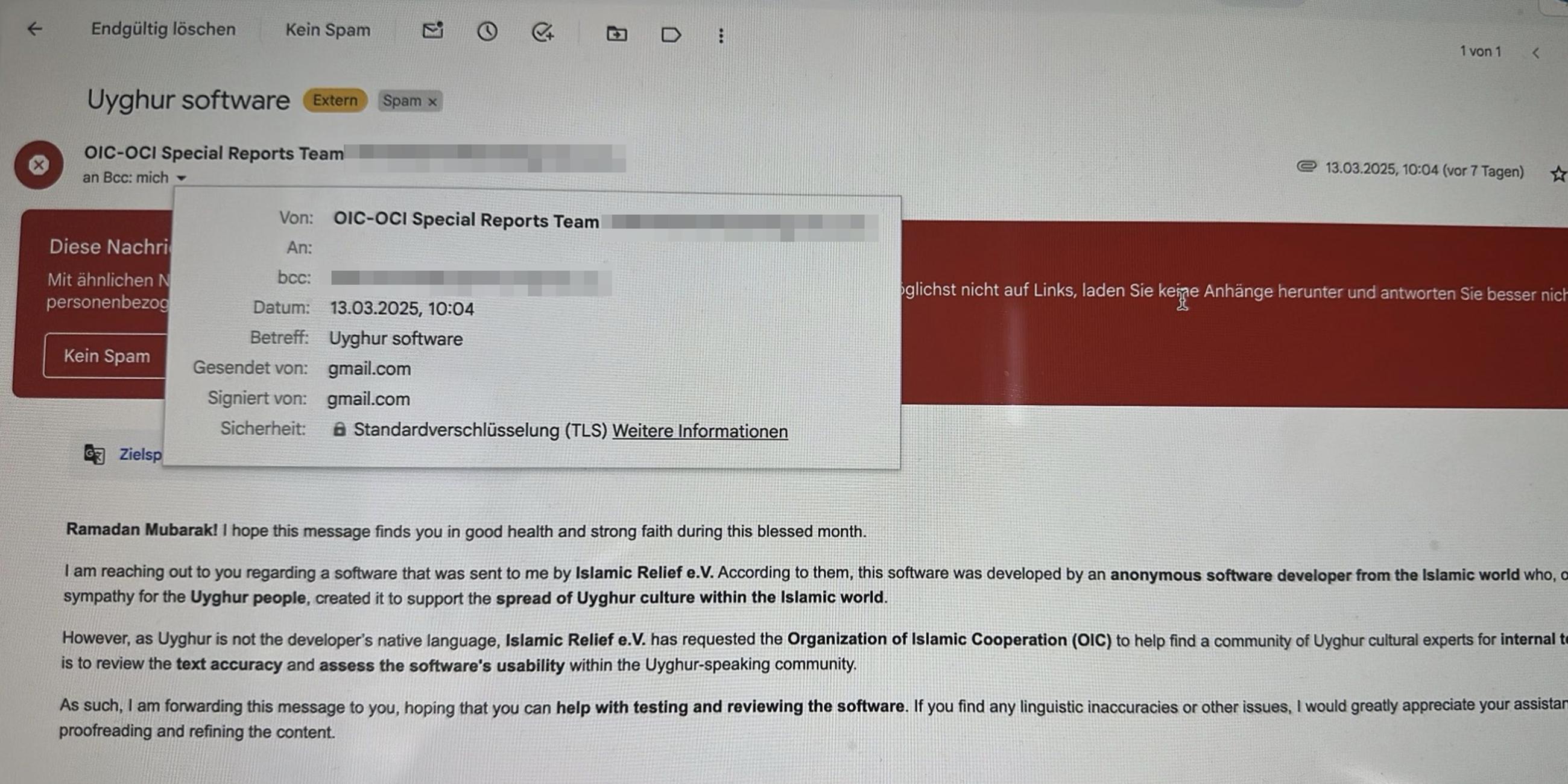 Kompromittierte Mail an den Weltkongress der Uiguren