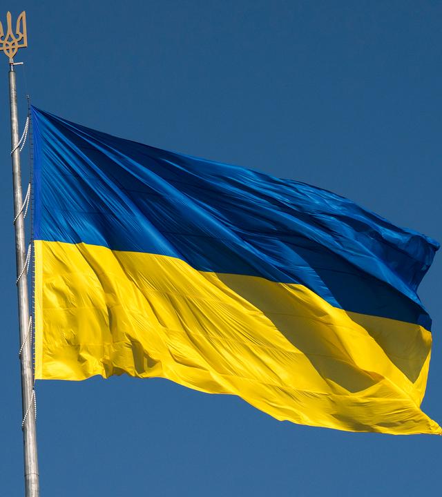 Die ukrainische Nationalflagge weht im Wind.