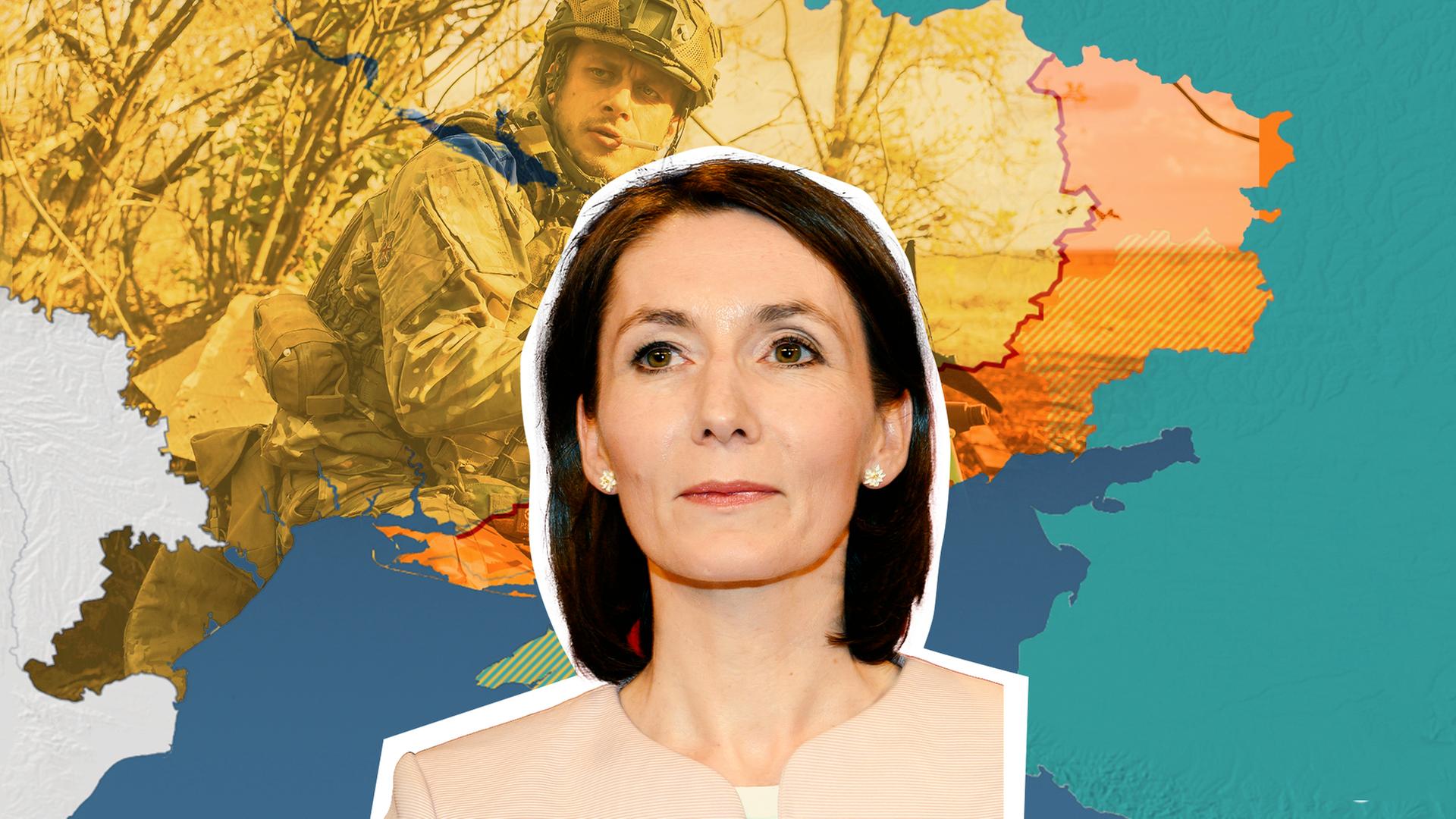 Ukraine Karte, Foto von ukrainischem Soldat und Claudia Major