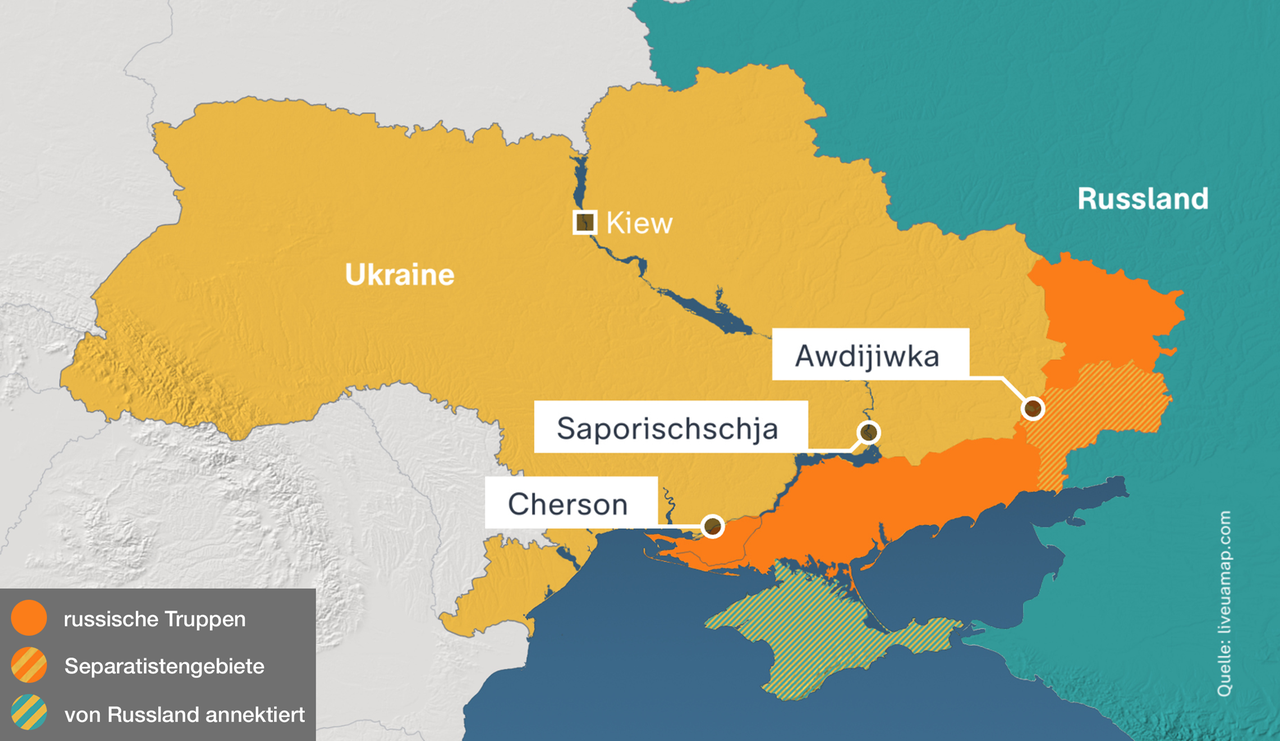 Die Karte zeigt den aktuellen Stand der russischen Besatzung der Ukraine am 16.12.2023. Auf der Karte eingezeichnet sind die Städte Cherson, Saporischschja und Awdijiwka, die sich in der Grenzregion der Besatzung befinden.