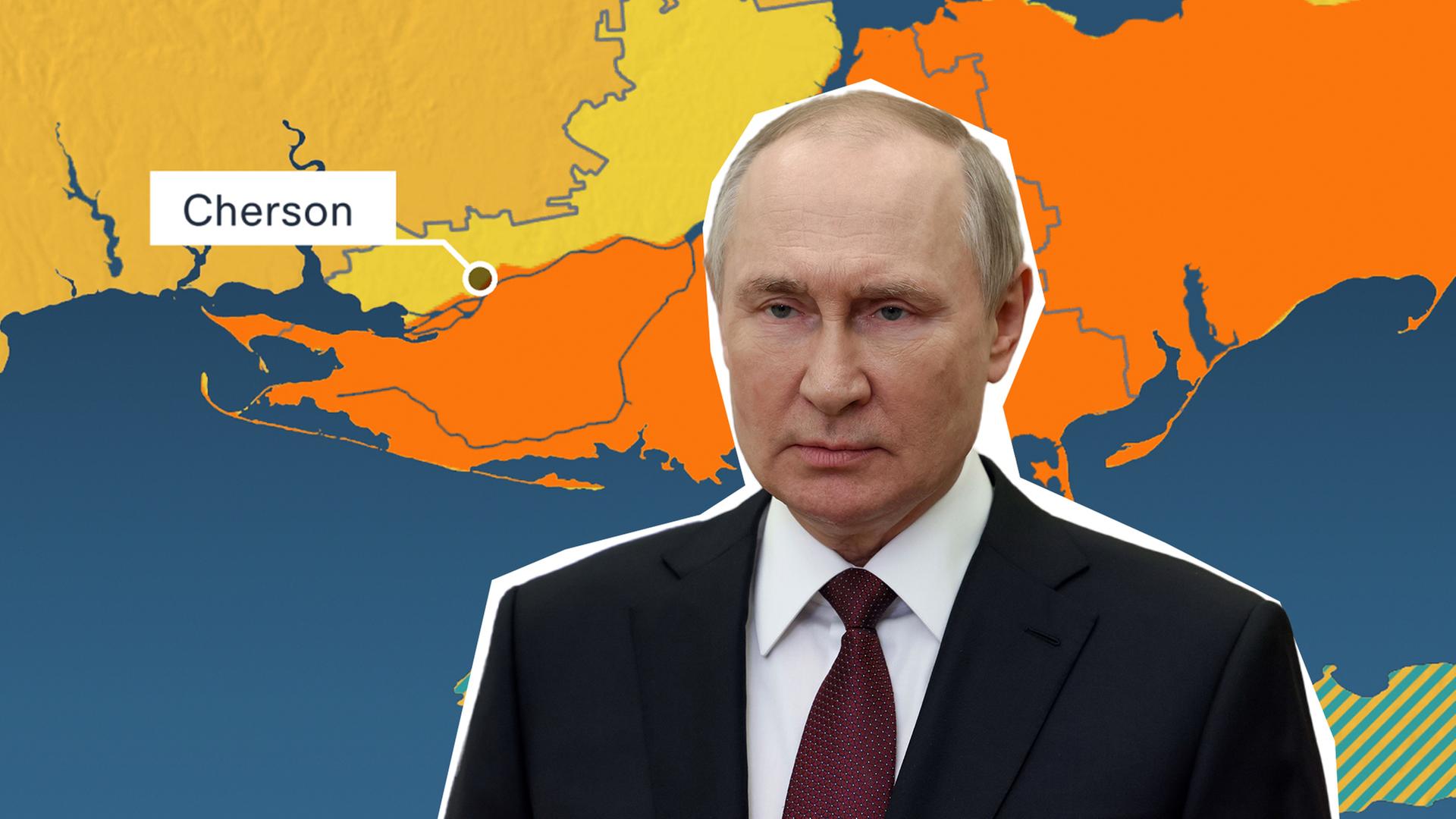 Wladimir Putin; im Hintergrund ist eine Karte von Russland und der Ukraine; eine Ortsmarke zeigt Cherson