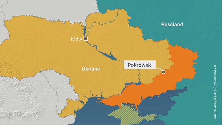 Zu sehen ist eine Länderkarte mit Ukraine und Russland im Fokus, auf der die Landesgrenzen und die Kriegsfronten farblich hervorgehoben sind. Das Bild zeigt den Stand zu Beginn des Krieges an.