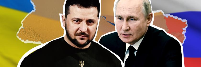 Der ukrainische Präsident Wolodymyr Selenskyj und Russlands Präsident Vladimir Putin vor einer Landkarte der Ukraine